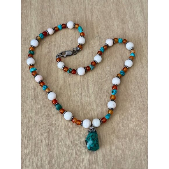 Vintage Long Beaded Necklace With Turquoise Pendant & Tiger Eye Beads - Picture 10 of 11